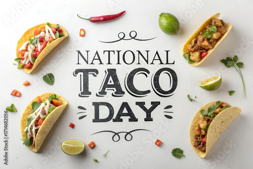 National Taco Day Poster with Realistic Tacos on White Background
