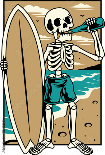 chillout vintage tshirt design - skeleton  with wine - skeleton surfing