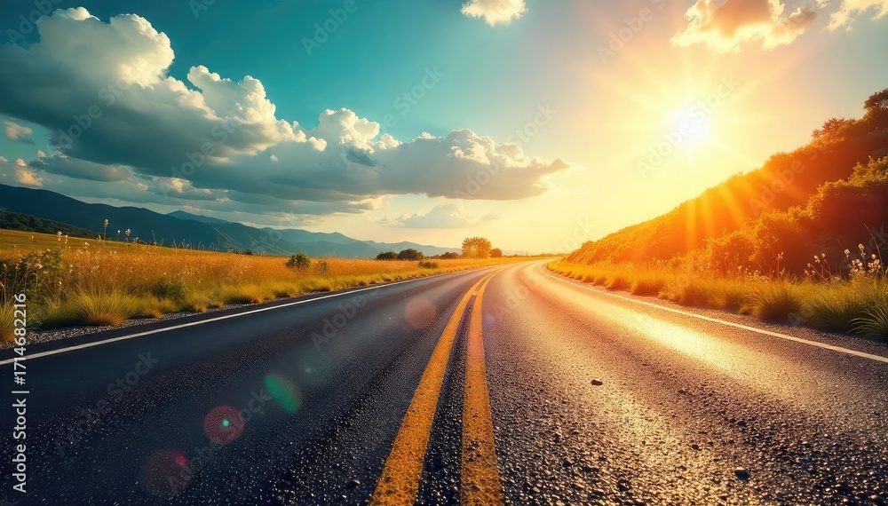 Naklejka premium A captivating summer scene of intense heat radiating from sun-baked asphalt, shimmering air above the ground, and intense sunlight , summer landscape, glare, heatstroke warning