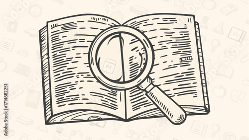 Illustration of an open book with lines and a magnifying glass on top in a detailed drawing style