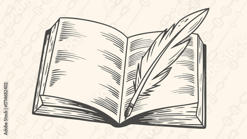 Open book with a quill pen resting on its pages in a monochrome sketch style illustration format