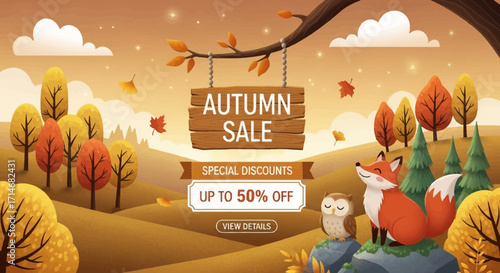 A whimsical autumn sale banner with a cute fox and owl in a golden fall forest landscape.