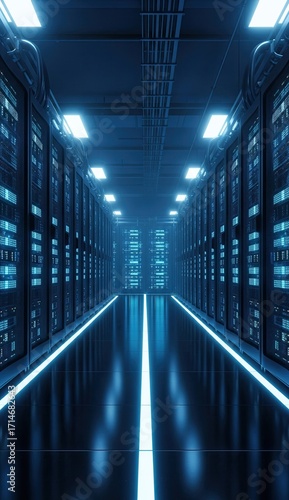 Data center corridor rows of server racks illuminated in blue glossy floor with a central light strip