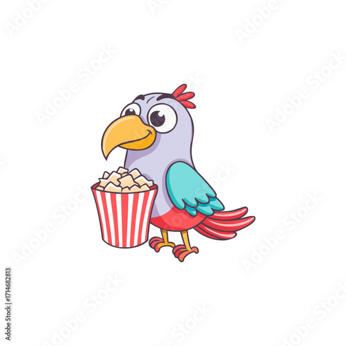 Cute cartoon parrot holding a bucket of popcorn