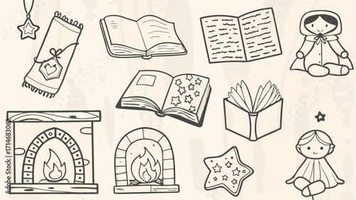 Illustration of books, fireplaces, star ornaments, and cloaked figures in a whimsical style drawing