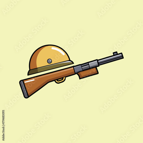 Cartoon illustration showcasing a pith helmet resting on a vintage rifle
