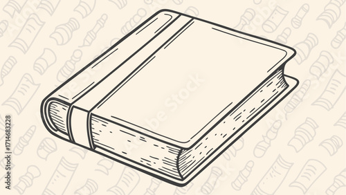 Illustration of a closed book with a strap on a light background with book drawings scattered around