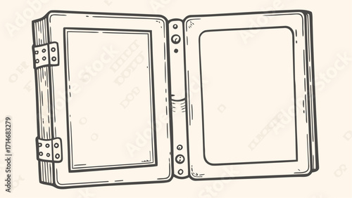 Illustration of an open book with blank pages and visible binding and metal hinges on the spine side