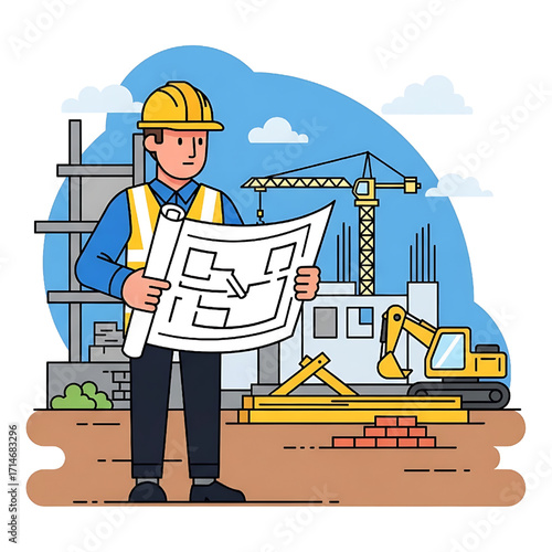 Construction worker architect with blueprint on building site with crane and equipment