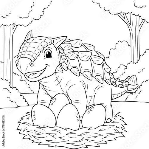 Adorable Cartoon Ankylosaurus Dinosaur with Eggs in a Nest - Fun Coloring Book Page for Kids and Dinosaur Lovers