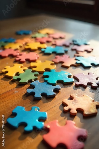 A challenging jigsaw puzzle scattered on a wooden table, pieces in various colors and shapes, sunlight illuminating the scene , relaxing, jigsaw puzzle