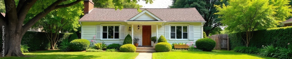 Obraz premium A charming single-family home with a spacious front yard, perfect for a family or individual seeking tranquility and comfort in a peaceful neighborhood , house, garden, home