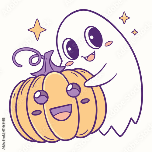 Cute cartoon ghost and pumpkin for Halloween
