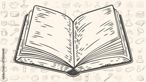 Illustration of an open book with blank pages and visible binding against a patterned background
