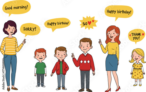 Cartoon family characters with speech bubbles, expressing greetings and polite phrases, educational vector for kids, communication, manners, language learning, school poster