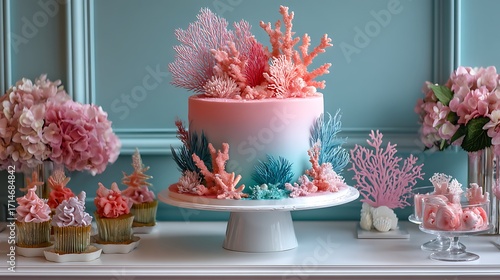 An underwater birthday with an ombre cake featuring seaweed and coral accents, set against an aqua backdrop for a marine vibe