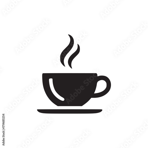 Illustration of a steaming coffee cup on a saucer, the simple, minimalist design features a dark silhouette against a clean backdrop, perfect for conveying warmth and comfort