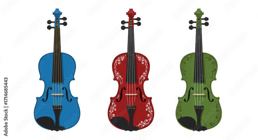 Fototapeta premium Illustration set of violins in flat design style, PNG background.