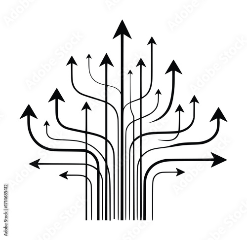 Abstract illustration of multiple black arrows pointing upwards and outwards on a white background