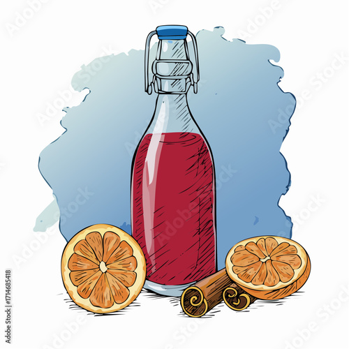 a wool-wrapped bottle of mulled cider beside cinnamon sticks, expressive charcoal lines with a burnt orange watercolor background