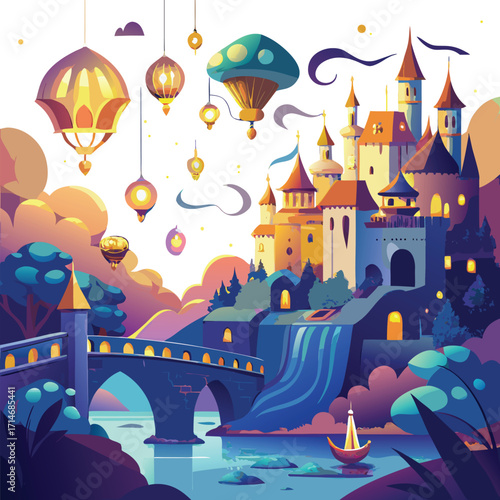 Fantasy cartoon castle with towers on a hill in a fairytale night town under a moonlit sky
