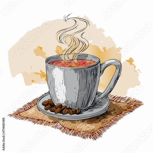  a steaming mug perched on a burlap sack of coffee beans, expressive charcoal lines with directional smudge mapping 