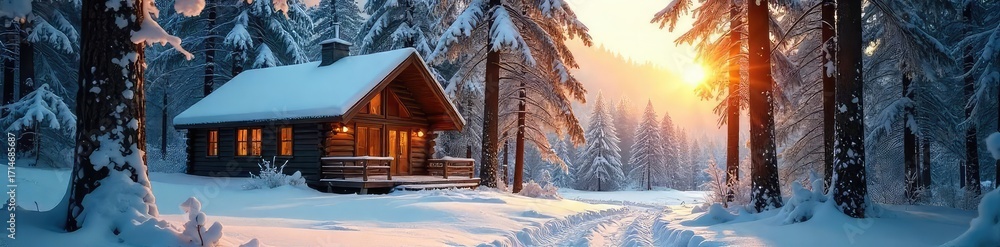 custom made wallpaper toronto digitalA cozy cabin nestled deep within a snow-dusted woodland, sunlight filtering through the trees Perfect for a winter escape to the woods , new year, cabin, relaxing