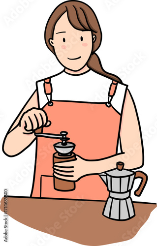 A female barista use hand grinder and moka pot illustration