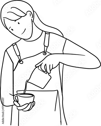 A female barista pour milk outline illustration