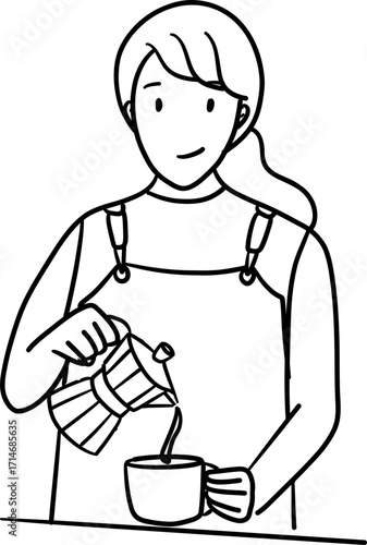A female barista use moka pot outline illustration