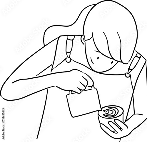 A female barista do late art outline illustration