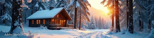 Wallpaper Mural A cozy cabin nestled deep within a snow-dusted woodland, sunlight filtering through the trees Perfect for a winter escape to the woods , new year, cabin, relaxing Torontodigital.ca