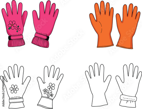 Colorful kids gloves vector set, floral design, outline and filled styles, winter accessories, cartoon handwear illustration for children fashion and art