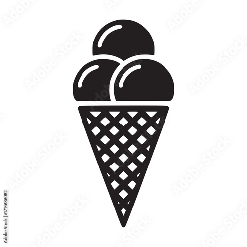 Vector art of ice cream cone icon delicious dessert with three scoops in a waffle cone, perfect for summer treats, menu designs, and sweet indulgence themes