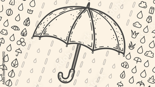 Hand drawn umbrella with raindrops and assorted doodles on a light beige background in a simple style