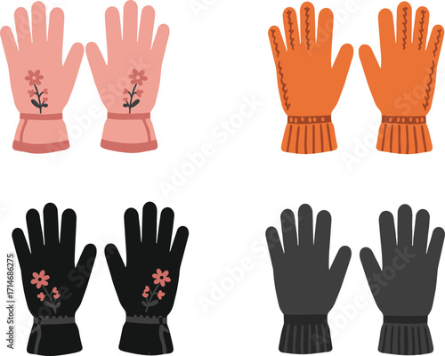 Winter gloves and mittens collection, floral patterned and plain warm gloves, colorful insulated handwear, cozy seasonal accessories, cold weather fashion vector set