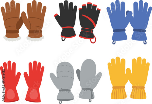 Winter gloves collection, assorted warm gloves and mittens, cold weather accessories, colorful insulated handwear, outdoor seasonal gloves, winter fashion essentials vector