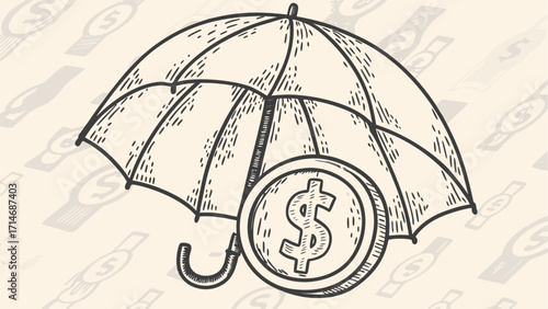 Sketch style illustration of an umbrella protecting a dollar coin with dollar signs in background