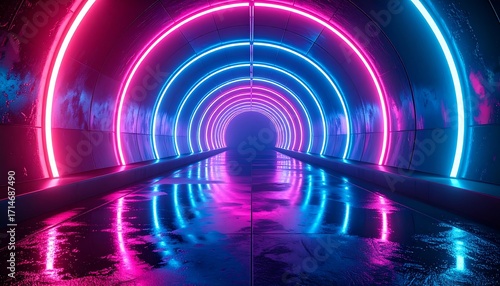 Fototapeta Naklejka Na Ścianę i Meble -  Neon tunnel with a reflective floor