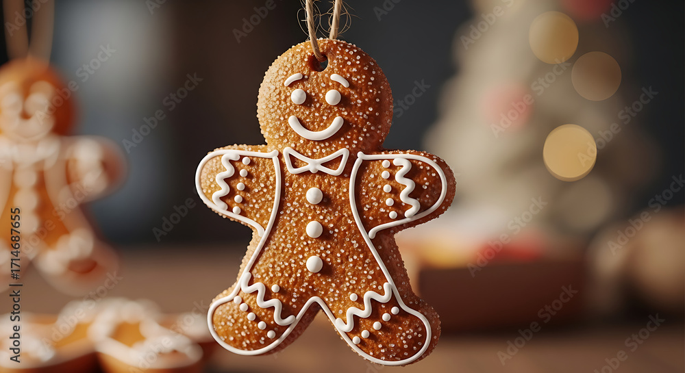 Fototapeta premium Gingerbread man ornament hanging with blurred background.