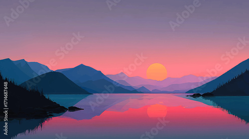 Victor Cartoon mountain lake at dawn, glowing morning light and warm sun over tranquil water, minimalist landscape design evokes serenity, vector illustration capturing peaceful beauty, soft colors, 