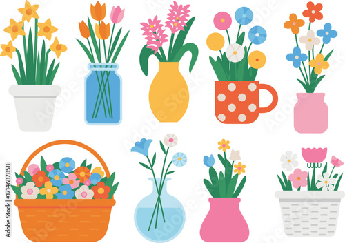 Spring flower pots, colorful tulips, blooming blossoms in vases, decorative floral arrangements, home decor bouquet basket, seasonal garden flowers illustration, bright floral vector design