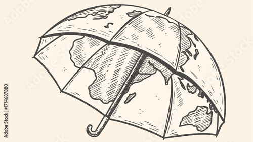 Illustration of an umbrella with a world map design covering the canopy and a curved handle on a light background