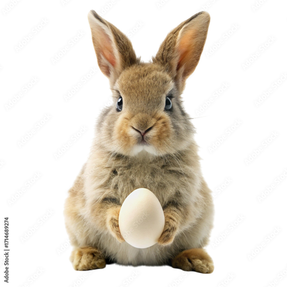 Fototapeta premium Adorable Brown Easter Bunny Holding Egg on Transparent Background for Holiday Projects