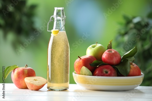 Delicious cider in glass bottle and apples on white wooden table outdoors