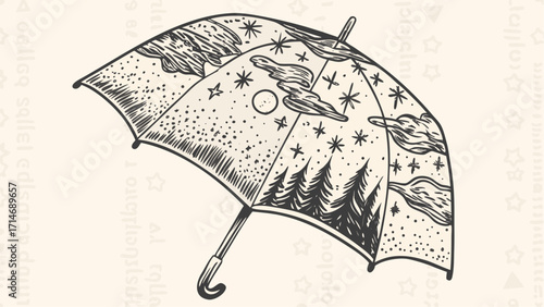 Illustration of an umbrella with a night sky design featuring stars moon clouds and trees in black and white