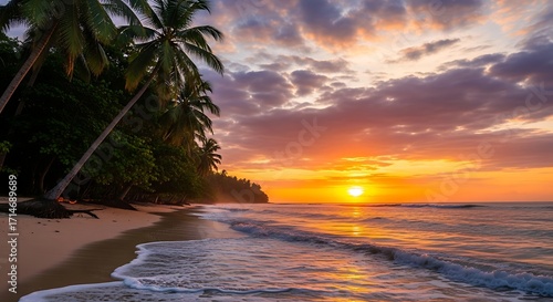Tropical Sunset Serenity A Vibrant Coastal Scene with Palm Trees and Ocean Waves