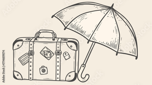 Illustration of a vintage suitcase with travel stickers and an open umbrella next to it in black and white