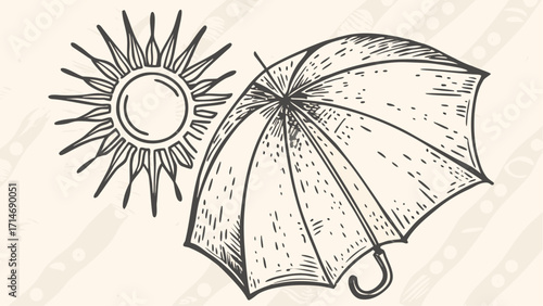 Illustration of a sun with radiating lines and an umbrella with a curved handle in black and white