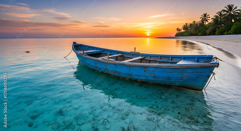 Fototapeta premium Serene Blue Boat Drifting on Tropical Ocean Waters at Sunset